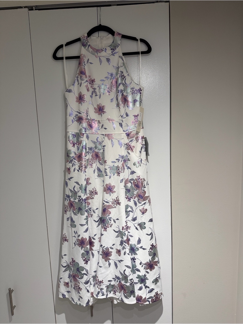Eliza J Ivory Halter Midi Dress with Pink & Purple Floral Print